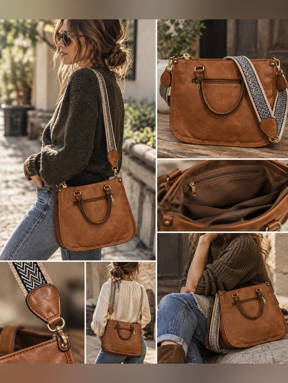 Brown Faux Leather Tote Crossbody Bag Chevron Strap Boho Satchel